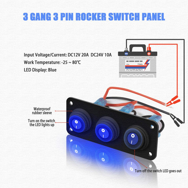 3 Gang 12V 20 Amp Toggle Rocker Switch Panel LED Breaker Waterproof Widely Fits for Auto Automotive Lights Car Marine Boat Yacht, Trailer,