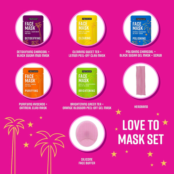 Freeman 14 Piece Love To Mask Variety Pack, Facial Masks For All Skin Types, Hydrate, Detoxify, & Clear Skin, Exfoliating Scrub, Bonus Headband