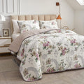 Flysheep 3 Pieces Quilt Set Full/Queen Size, Beige Floral Reversible Bedspread Coverlet Set, Soft Microfiber Lightweight Bed Cover for All Season