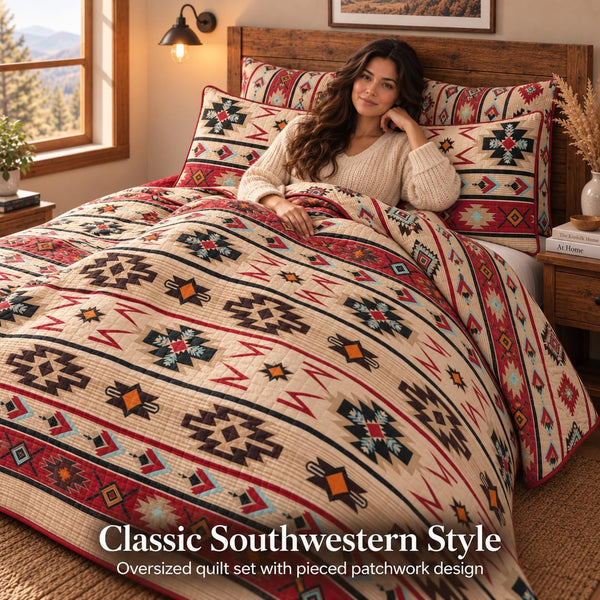 Rugs 4 Less Rustic Striped Southwestern Quilt Stitched Western Bedspread Bedding Set with Beige Brown Burgundy Turquoise Tribal Native American
