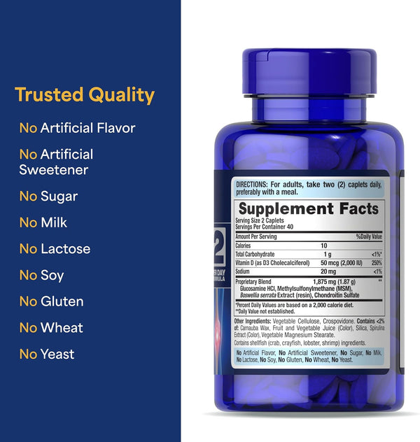 Puritan's Pride Advanced Glucosamine Chondroitin MSM With Vitamin D3 50mcg (2000 IU), Dietary Supplement for Joint Health, 80 Coated Tablets