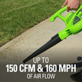 Greenworks 7 Amp 160 MPH/150 CFM Single Speed Electric Blower, 24012, green Blower (160 MPH / 150 CFM) Corded