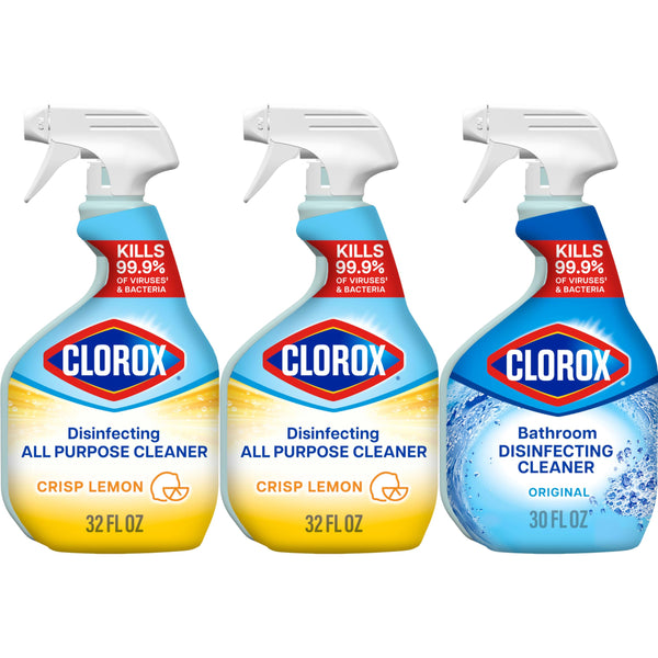 Clorox Disinfecting All-Purpose Cleaner, 32 fl. Oz., and Bathroom Cleaner, Bleach Free, Household Essentials, Cleans Dirt and Grime Off Most