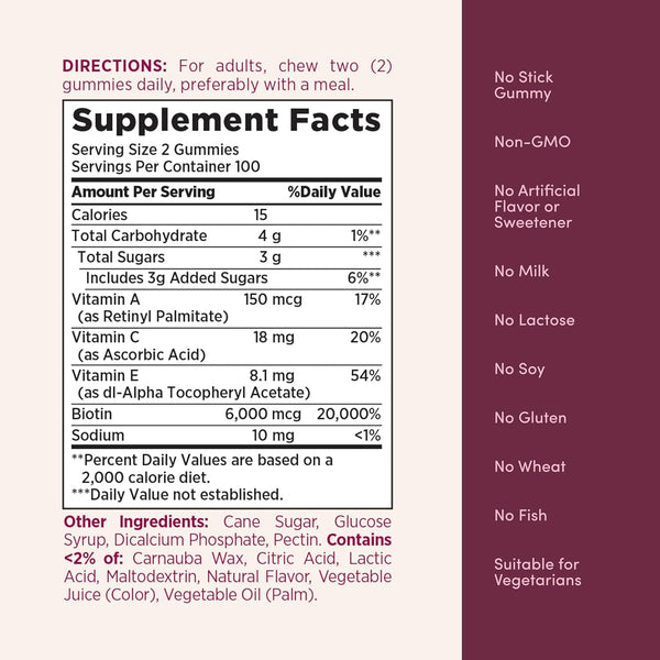 NatureÃ¢ÂÂS Bounty Optimal Solutions Advanced Hair, Skin and Nails Pectin Gummies, 2X Biotin per Serving, No Stick Gummy, Vegetarian Formula,