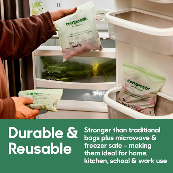 Home Compostable Resealable Sandwich Bags (7"X7"), Microwave & Freezer Safe, Organic Food Storage Container, 60 Count (30 per Box)