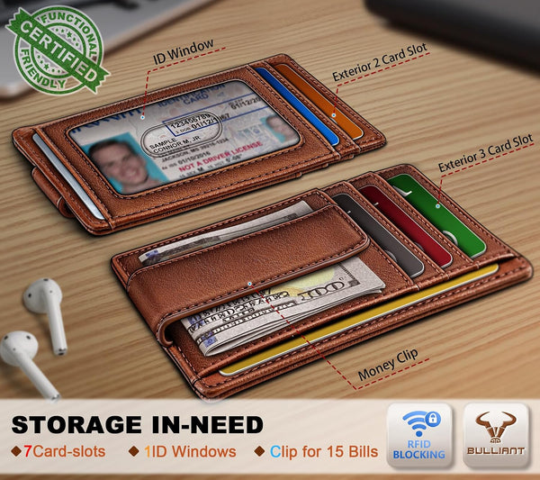 BULLIANT Men Slim Leather Wallet Money Clip 7Cards-Gift Boxed-RFID Blocking | Easy Access | Pocket Fit | Minimalist Skinny Brick Brown7490 Alaska