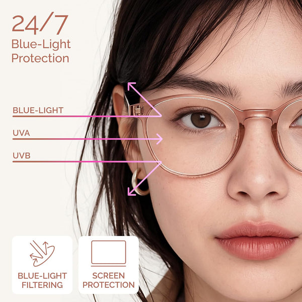 miyya Blue Light Blocking Glasses Women, Fashion Round Transparent Anti Blue Light Glasses with Anti Eyestrain & UV Glare *Flesh Pink Clear