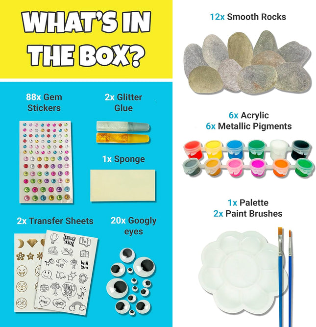 JOYEZA Rock Painting Kit Deluxe, Arts and Crafts for Girls Boys Age 6+, 12 Rocks Tween Gift Art Set, Waterproof Paints, 