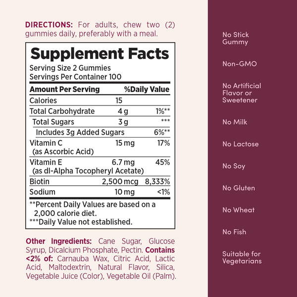 Nature'S Bounty Optimal Solutions Hair, Skin and Nails Pectin Gummies, 2500 Mcg Biotin per Serving, No Stick Gummy, Vegetarian Formula, Strawberry