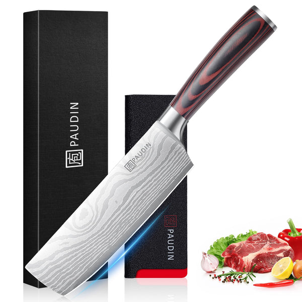 PAUDIN Nakiri Knife - 7" Razor Sharp Meat Cleaver and Vegetable Kitchen Knife, High Carbon Stainless Steel, Multipurpose Asian Chef Knife for Home