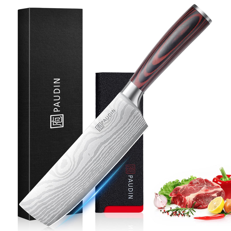 PAUDIN Nakiri Knife - 7" Razor Sharp Meat Cleaver and Vegetable Kitchen Knife, High Carbon Stainless Steel, Multipurpose Asian Chef Knife for Home