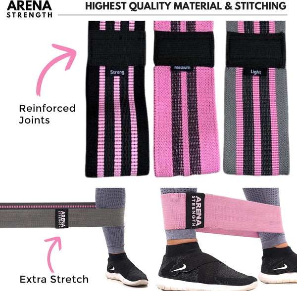 Arena Strength Fabric Booty Bands - Fabric Exercise Bands for Legs and Butt | Fabric Resistance Bands | Hip Resistance Bands with Workout Guide
