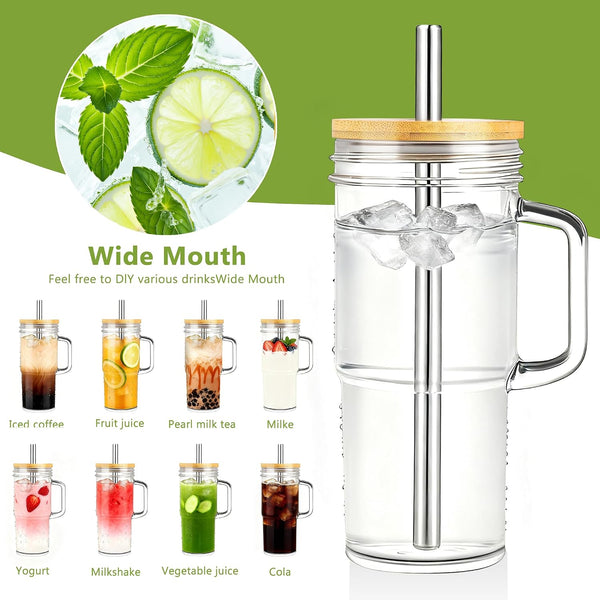 Birity 24oz Glass Cups with Lids and Straws,Glass Tumbler with Handle,2 set–Reusable Glass Ice Coffee Cups with Lid and Straw for