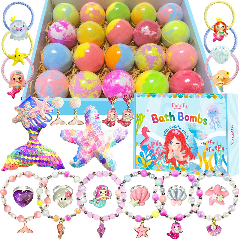 Bath Bombs for Girls Kids with Surprise Inside, 20 Fun Princess Fizzy Bath Bomb with Jewelry Toys, Mermaid Gifts for Daughter Granddaughter Niece,