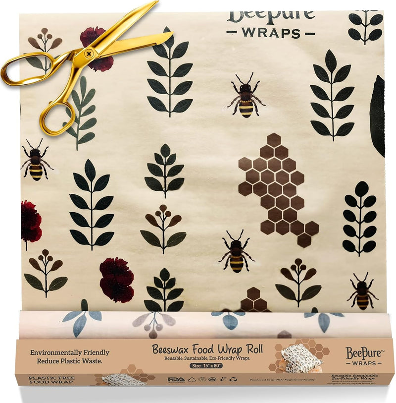 BeePure Reusable Beeswax Food Wrap - Eco-Friendly, Sustainable Wrap Roll (15"x80") - Plant & Bee Pattern for Food Storage BP-ROLL-NATURE