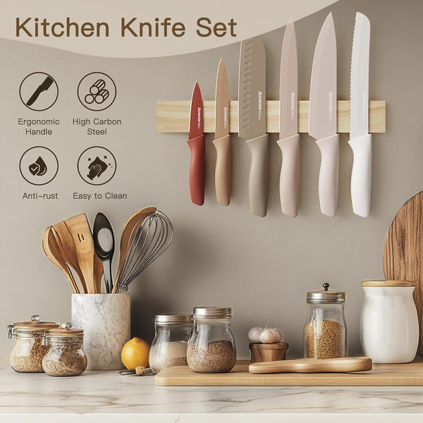 Astercook Knife Set, 13 Pieces Kitchen Knives Set with Healthy Anti-Rust Coating, Dishwasher Safe, Stainless Steel Chef Knife Sets with 6 Blade