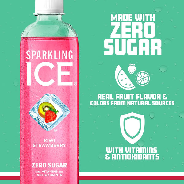Sparkling Ice, Kiwi Strawberry Sparkling Water, Zero Sugar Flavored Water, with Antioxidants and Vitamins, Zero Sugar, 17 fl oz Bottles (Pack of
