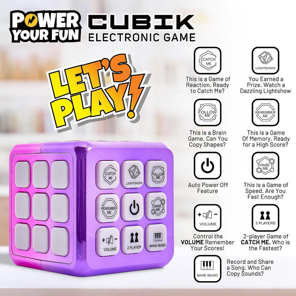 Power Your Fun Cubik LED Flashing Cube Memory Game - Electronic Handheld Game STEM Toy, 5 Brain Memory Games for Kids Brain Play Sensory Toys