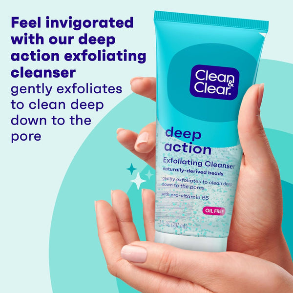 Clean & Clear Deep Action Exfoliating Facial Cleanser, Scrub & Face Wash, Pro-Vitamin B5, Lactic & Glycolic Acids, Oil-Free Gentle Daily