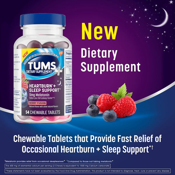 TUMS Chewy Bites Antacid Tablets Plus Sleep Support, Berry Fusion, 54 Count