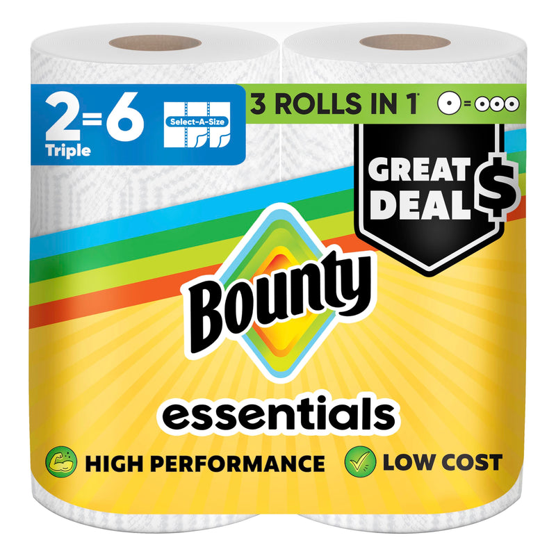 Bounty Essentials Select-A-Size Paper Towels, White, 2 Triple Rolls = 6 Regular Rolls (Packaging May Vary) Triple 2 Rolls ( 162 Sheets)