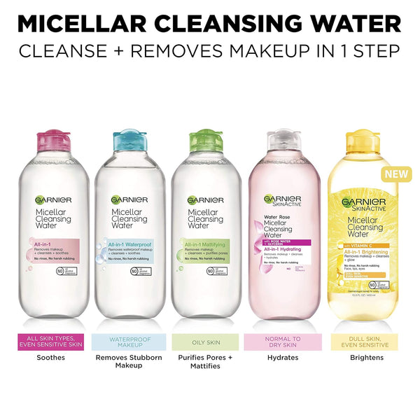 Garnier Micellar Water For Waterproof Makeup, Hydrating Facial Cleanser & Makeup Remover, Suitable for Sensitive Skin, Vegan, Cruelty Free, 13.5