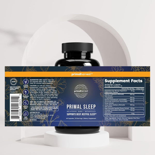 Primal Harvest Primal Sleep Support Supplement, 60 Capsules with Valerian Root, L-Tryptophan, GABA, Chamomile, and Melatonin 3Mg