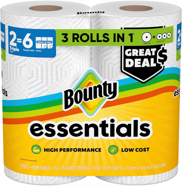 Bounty Essentials Select-A-Size Paper Towels, White, 2 Triple Rolls = 6 Regular Rolls (Packaging May Vary) Triple 2 Rolls ( 162 Sheets)