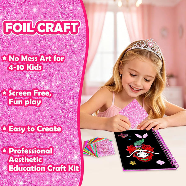 FUNNYB&G Foil Art Craft Kit for Girls 4-10 Years Old: Mess-Free & No-Glue, Create 16 Sparkly Princess Unicorn Pictures – Perfect Travel Toy &