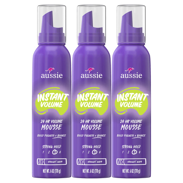 Aussie Instant Volume Mousse Triple Pack, 24-hour Volume Mousse, 6 oz Tropical fruit 6 Fl Oz (Pack of 3)