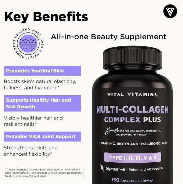 Vital Vitamins Multi Collagen Complex plus - with Biotin, Hyaluronic Acid, Vitamin C - Type I, II, III, V, X - for Women & Men - Hair, Skin, Nails