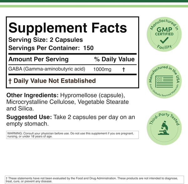 GABA Supplement (300 Capsules, 1,000mg per Serving) Promotes Calm, Relaxation, and Supports Sleep (Vegan Safe, Gluten Free, Non-GMO)(Gamma
