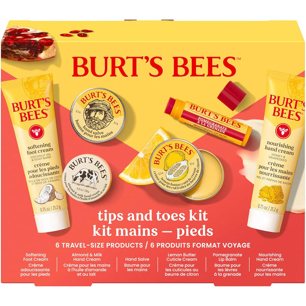 Burt'S Bees Gifts Ideas, Tips and Toes Kit, 6 Travel Size Products - Pomegranate Moisturizing Lip Balm, 2 Hand Creams, Foot Cream, Cuticle Cream,