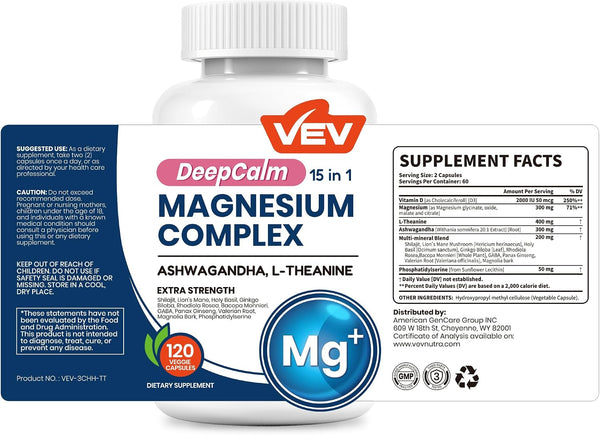 VEV DeepCalm 15-in-1 Magnesium Complex for Women & Men, 120 Caps 120 Count (Pack of 1)