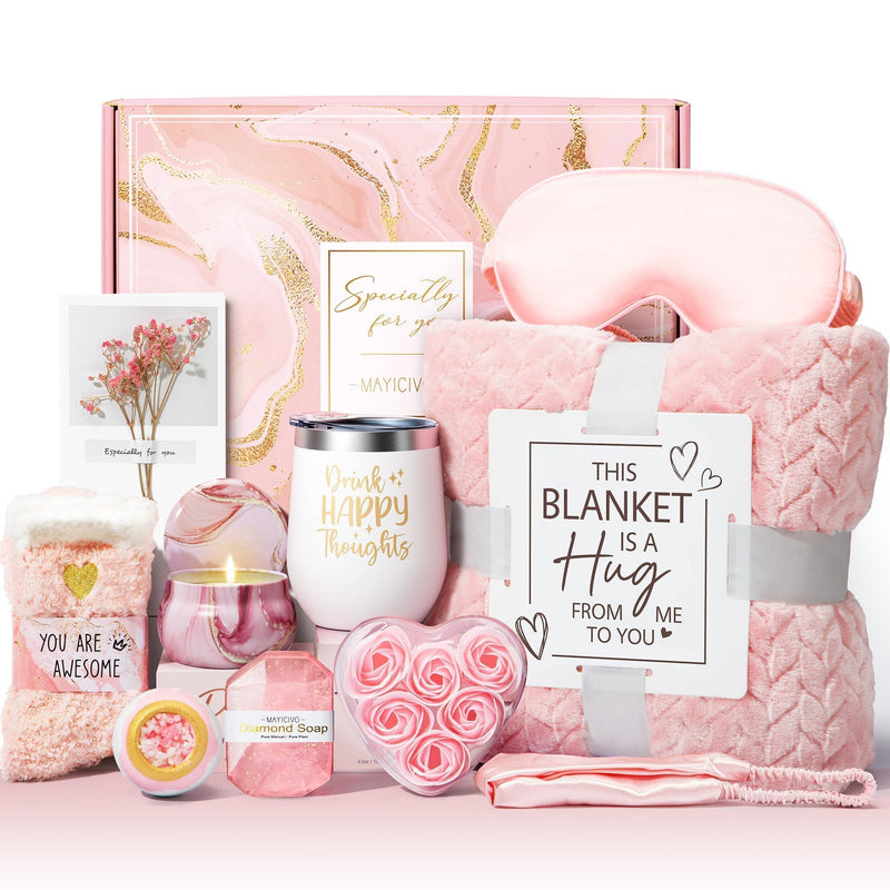 Birthday Gifts for Women Self Care Gifts Get Well Soon Gifts, Rose Relaxing Spa Gifts Basket Care Package W/ Luxury Flannel Blanket, Unique