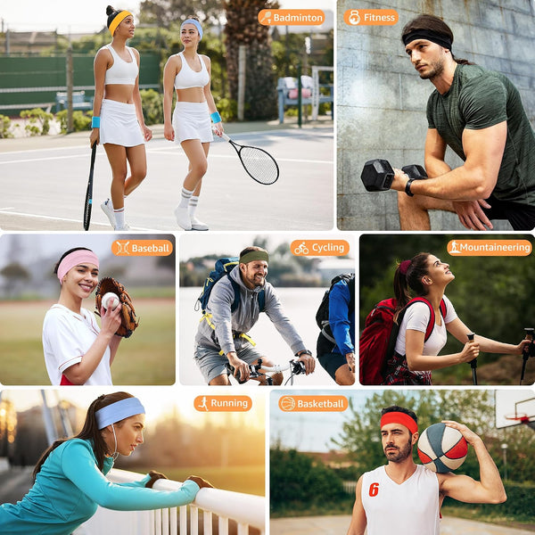 DiyJibb Headbands for Women, Stretchy Non Slip Soft Cotton Cloth Hair Bands for Sports, Workout, Yoga and Running, 7pcs Black, military green,
