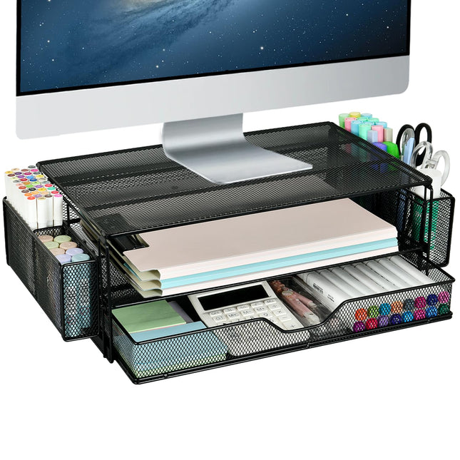AUPSEN 2 Tier Computer Monitor Stands with Drawer and 2 Pencil Holder, Metal Monitor Stand Monitor Riser, Computer Desk 