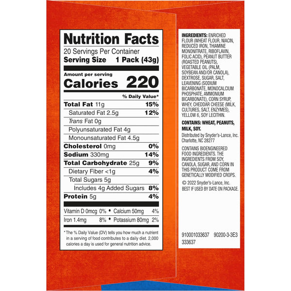 Lance Sandwich Crackers, ToastChee Peanut Butter, 20 Individually Wrapped Packs, 6 Sandwiches Each Toastchee Peanut Butter 1.52 Ounce (Pack of 20)