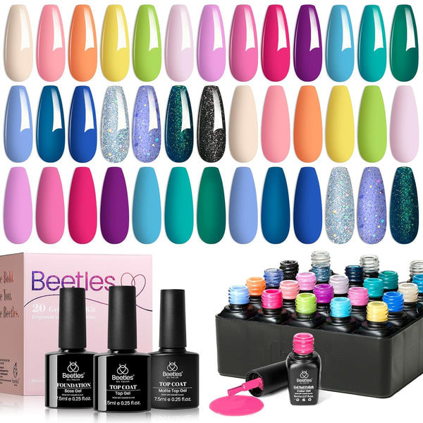 Beetles Gel Nail Polish Set- 23Pcs Summer Color Gel Polish with Base Gel Top Coat Bright Colors, Gel Polish Kit Blue Pink Purple Orange Green
