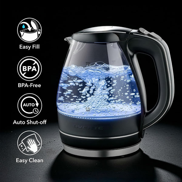 OVENTE Electric Kettle, 1.5L Borosilicate Glass Countertop Water Heater and Boiler for Coffee or Tea, BPA-Free, Auto Shut-Off, Boil-Dry