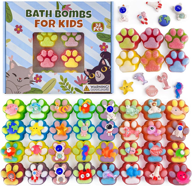 Bath Bombs for Kids with Surprise Inside, 32 Pack Paw Bath Bombs with Toy, Ocean