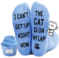 HAPPYPOP Cat Lover Gifts - Funny Fuzzy Novelty Socks for Cat Mom Dad Lovers Women Men Cat on Lap Blue