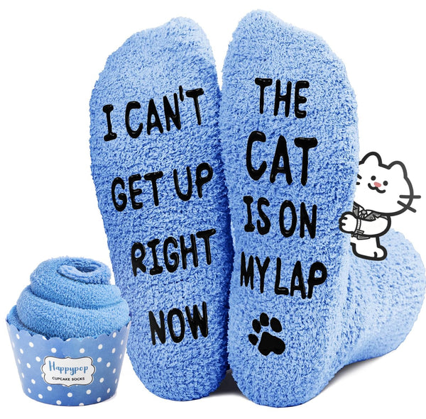 HAPPYPOP Cat Lover Gifts - Funny Fuzzy Novelty Socks for Cat Mom Dad Lovers Women Men Cat on Lap Blue