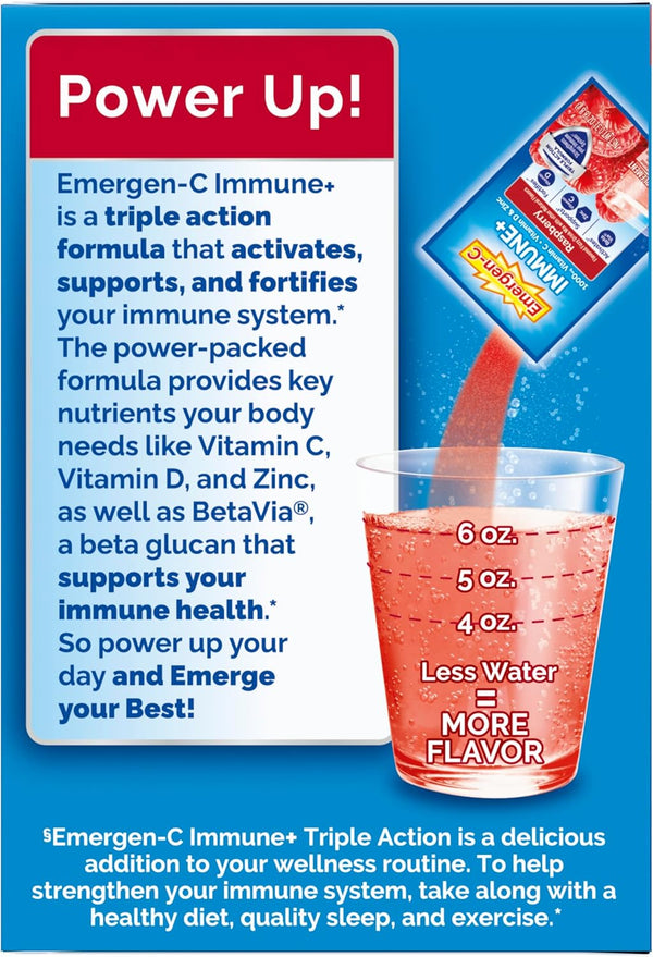 Emergen-C Immune+ Triple Action Immune Support Powder, Betavia (R), 1000Mg Vitamin C, B Vitamins, Vitamin D and Antioxidants, Raspberry â 30 Count