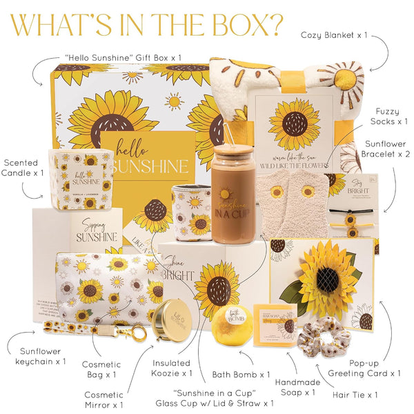 The Love Crate Co Sunflower Gifts for Women, Sunshine Gift Box | 15-Piece Gift-Ready Care Package with Blanket, Glass Tumbler & Spa Gifts for