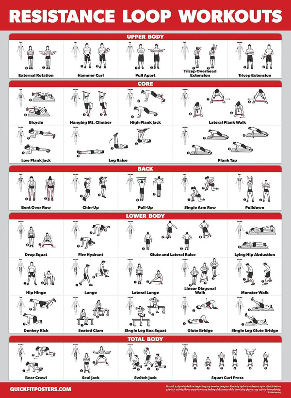 Palace Learning 4 Pack - Resistance Bands Workout Exercise Posters Volume 1, 2 & 3 + Resistance Loops Fitness Chart (LAMINATED, 18" x 24") 18" x