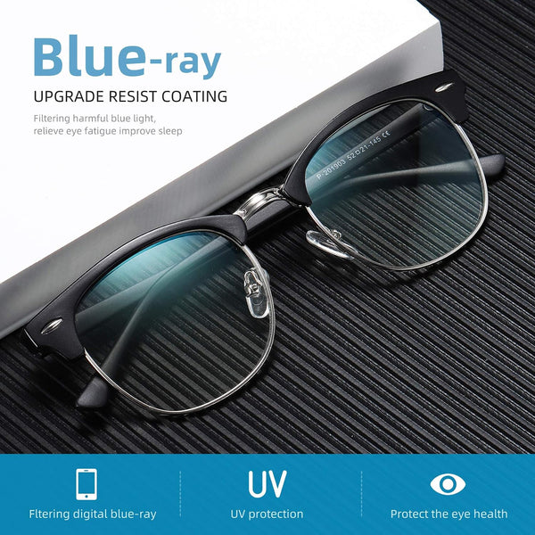 Blue Light Blocking Glasses Anti Eyestrain Computer Gaming Glasses | Vintage Half Frame UV Clear Lens for Women Men A01-matte Black Silver Frame 1
