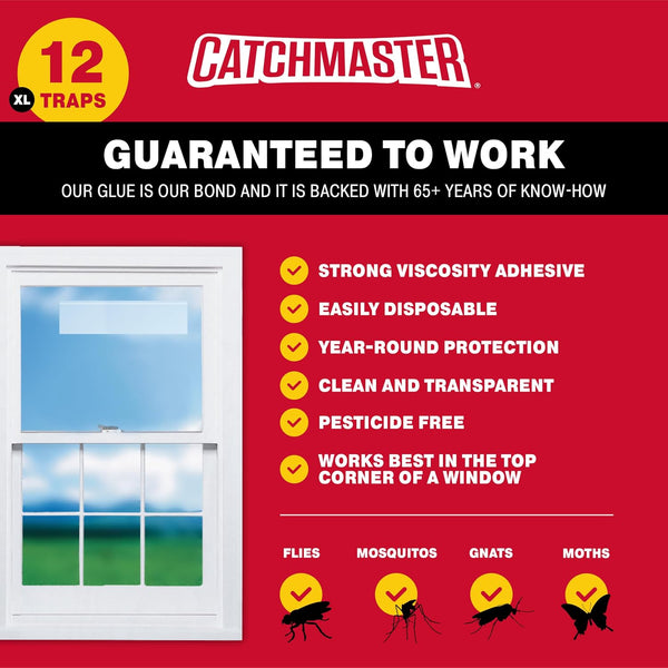 Catchmaster Window Fly Traps 12-Pack XL, Fruit Fly Traps for Indoors, Disposable Bulk Bug Catcher, Waterproof Insect Glue Trap, Adhesive Fly