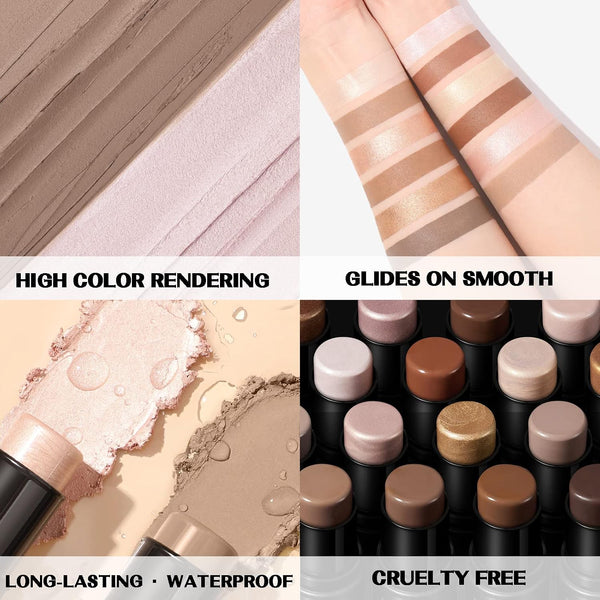 FOCALLURE 2 Pcs Mineral Cream Contour Stick,Moisturize Highlighter and Bronzer Pen,Non Stick Face Brightens & Shades Pencil,Long Lasting & Smooth