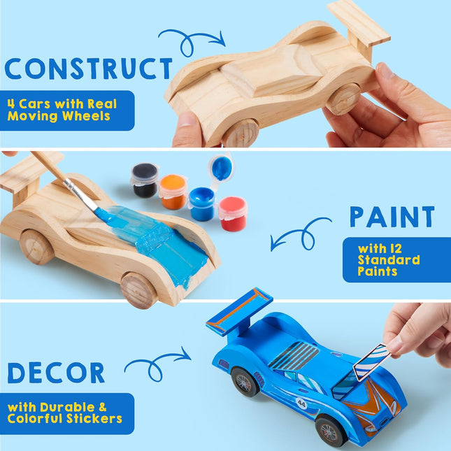 Klever Kits 4 DIY Wooden Race Cars-Build & Paint Your Own Wood Craft Kit, 4 Race